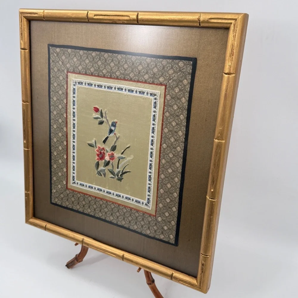 Chinese Silk Embroidery of Bird and Flowers in Bamboo Frame